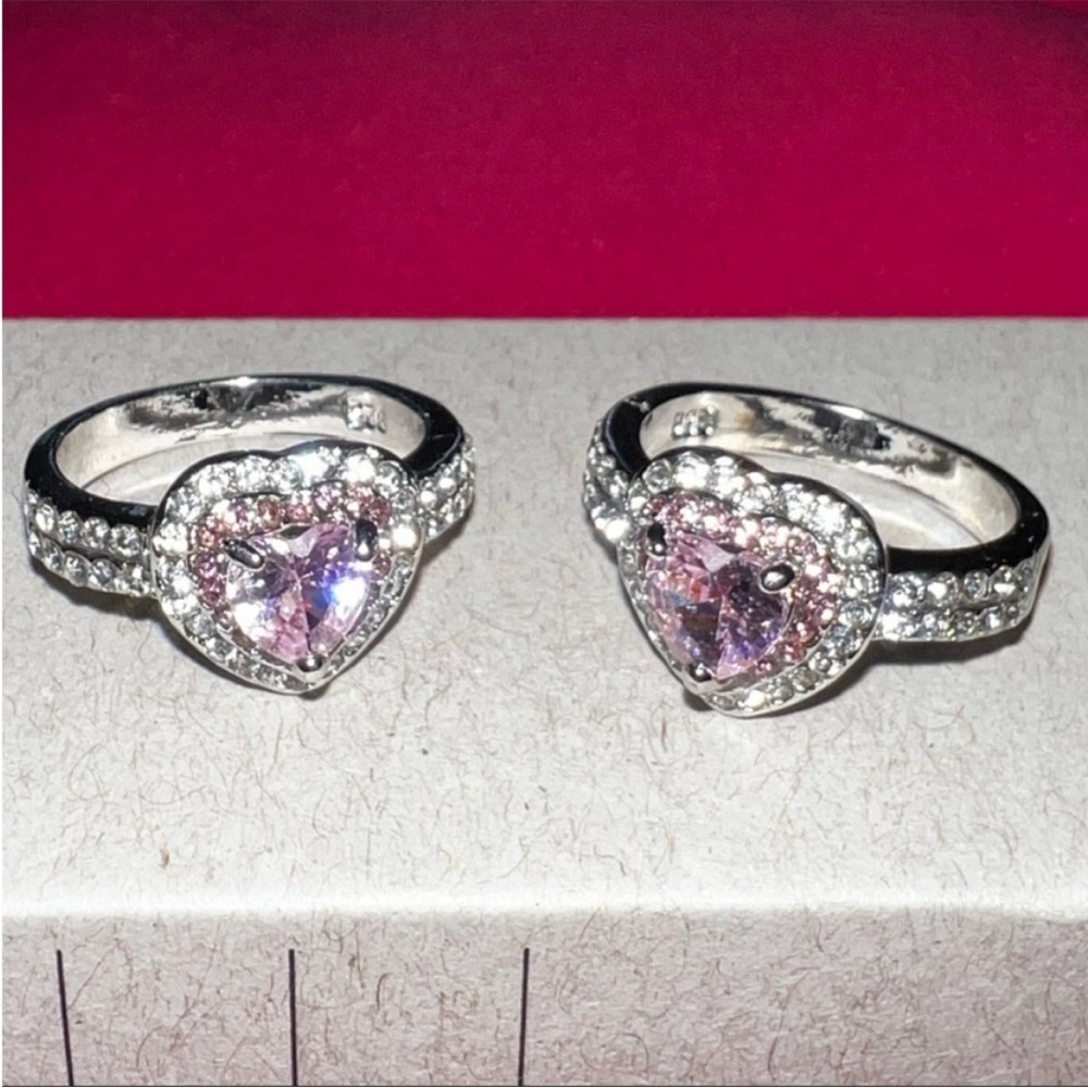 Pink and Diamond Rhinestone Heart Ring Size 7 Stackable silver set of 2
